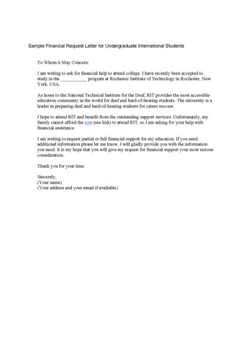 Sample Financial Request Letter for Undergraduate International .